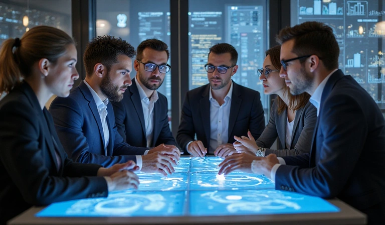 Image of a team collaborating on data security and privacy, showing diverse professionals working around a table with digital interfaces.