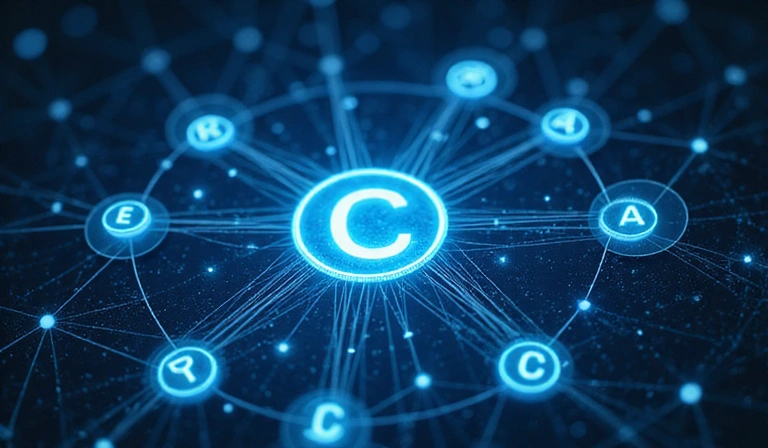 Εικόνα που απεικονίζει πνευματική ιδιοκτησία, με σύμβολα copyright και ψηφιακά στοιχεία.
